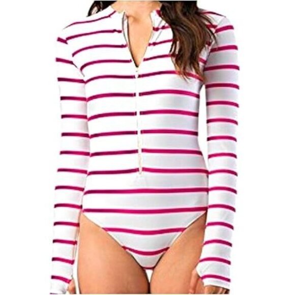 MOTT50 Mila Long Sleeve One Piece Swimsuit Fuchsia Striped sz M Women's - Picture 1 of 11